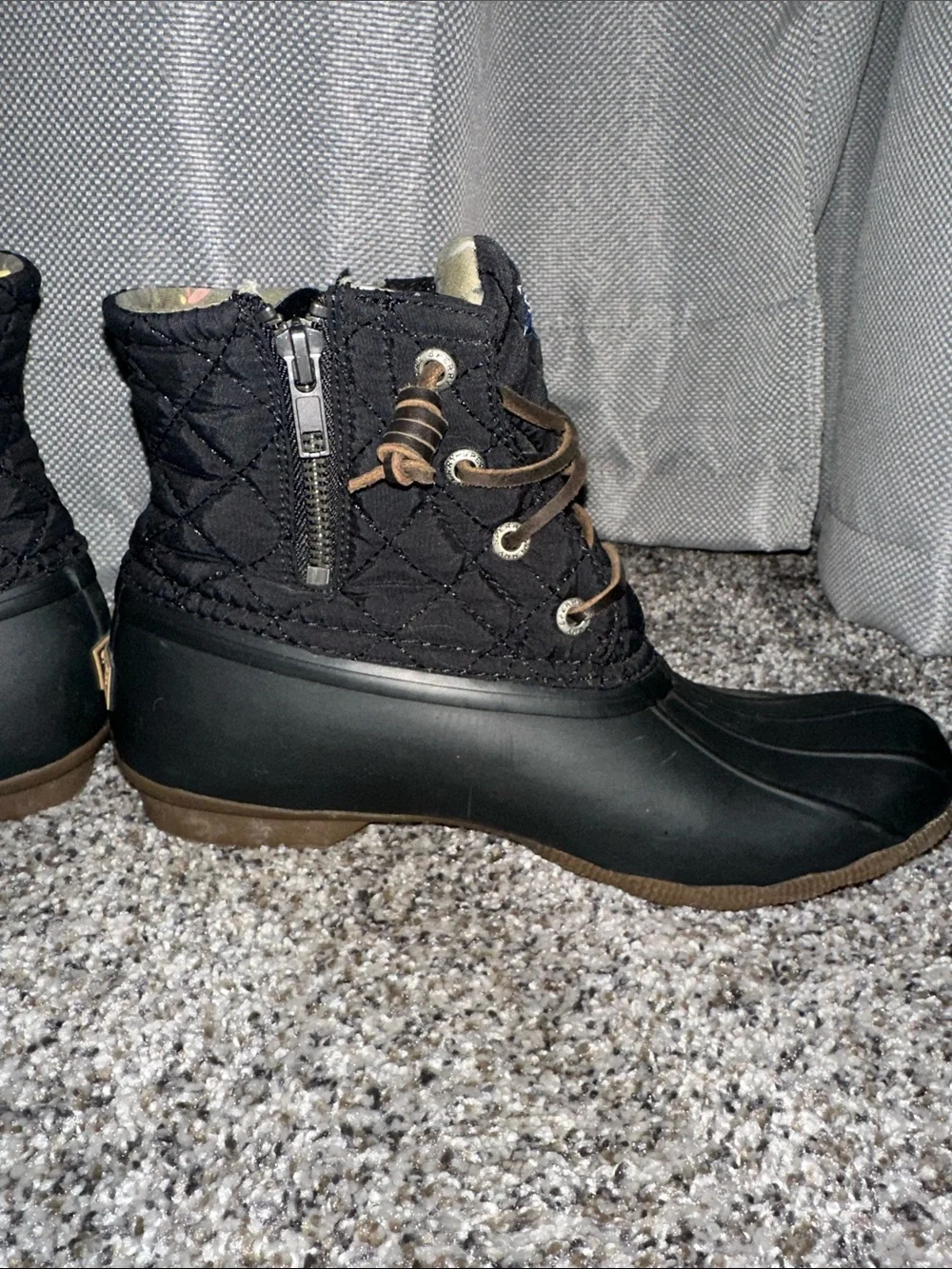 Sperry Black Quilted Duck Rain Boots with Brown Laces